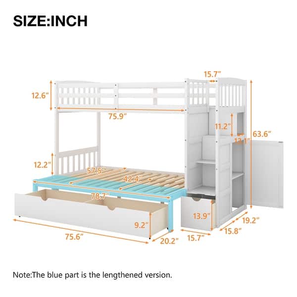 dimension image slide 1 of 2, Convertible Twin over Full/Twin Bunk Bed with Storage Shelves & Drawers