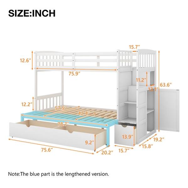 Modern Twin over Full/Twin Bunk Bed with Storage Shelves and Drawers, Convertible Bottom Bed, Kid-friendly, White
