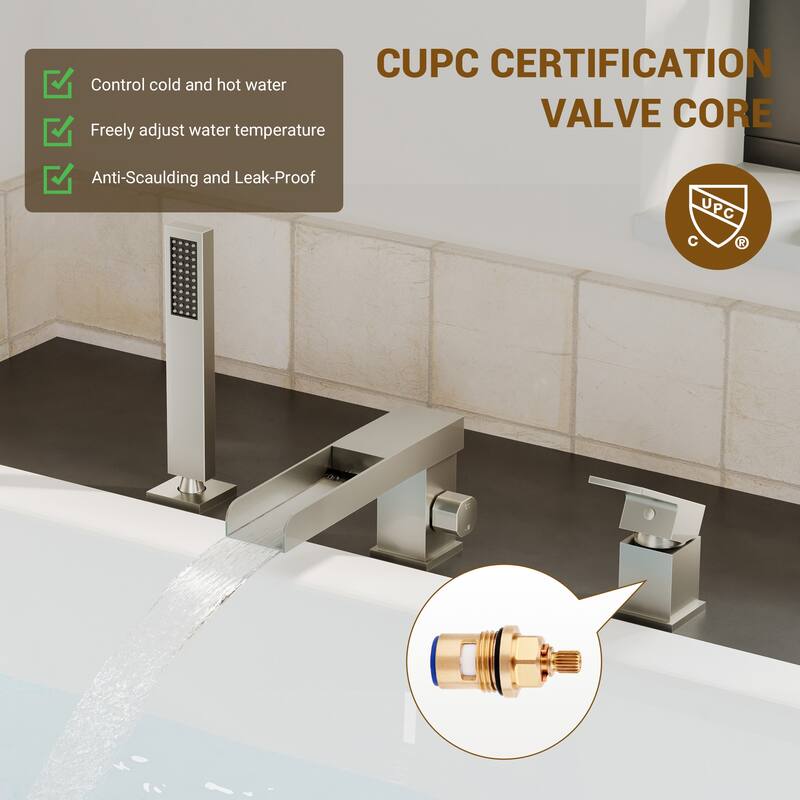 Bathtub Filler Faucet with Sprayer, Double-Handle Deck-Mount Roman Tub Faucet with Handshower, Pressure Balanced Valve Included