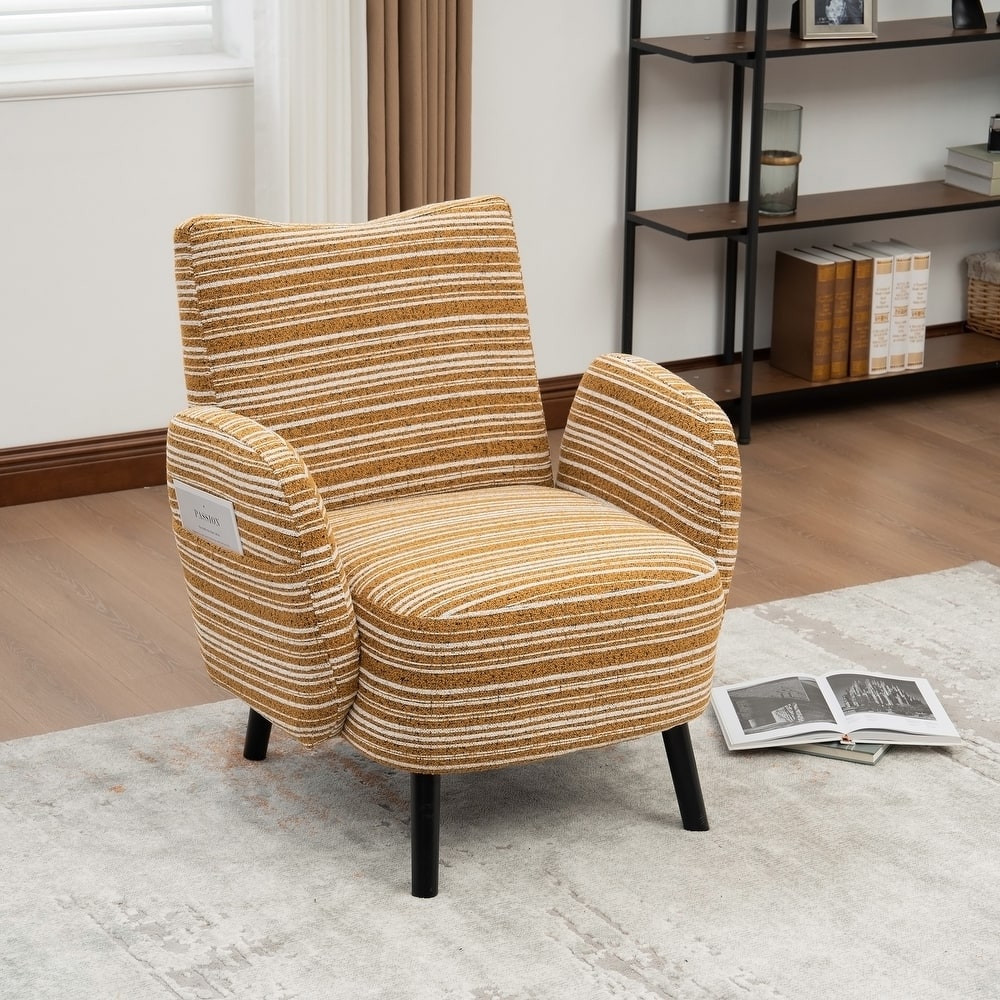 HOMEFUN Boucle Upholstered Stripes Comfortable Wood Frame Single Armchair with Side Pocket