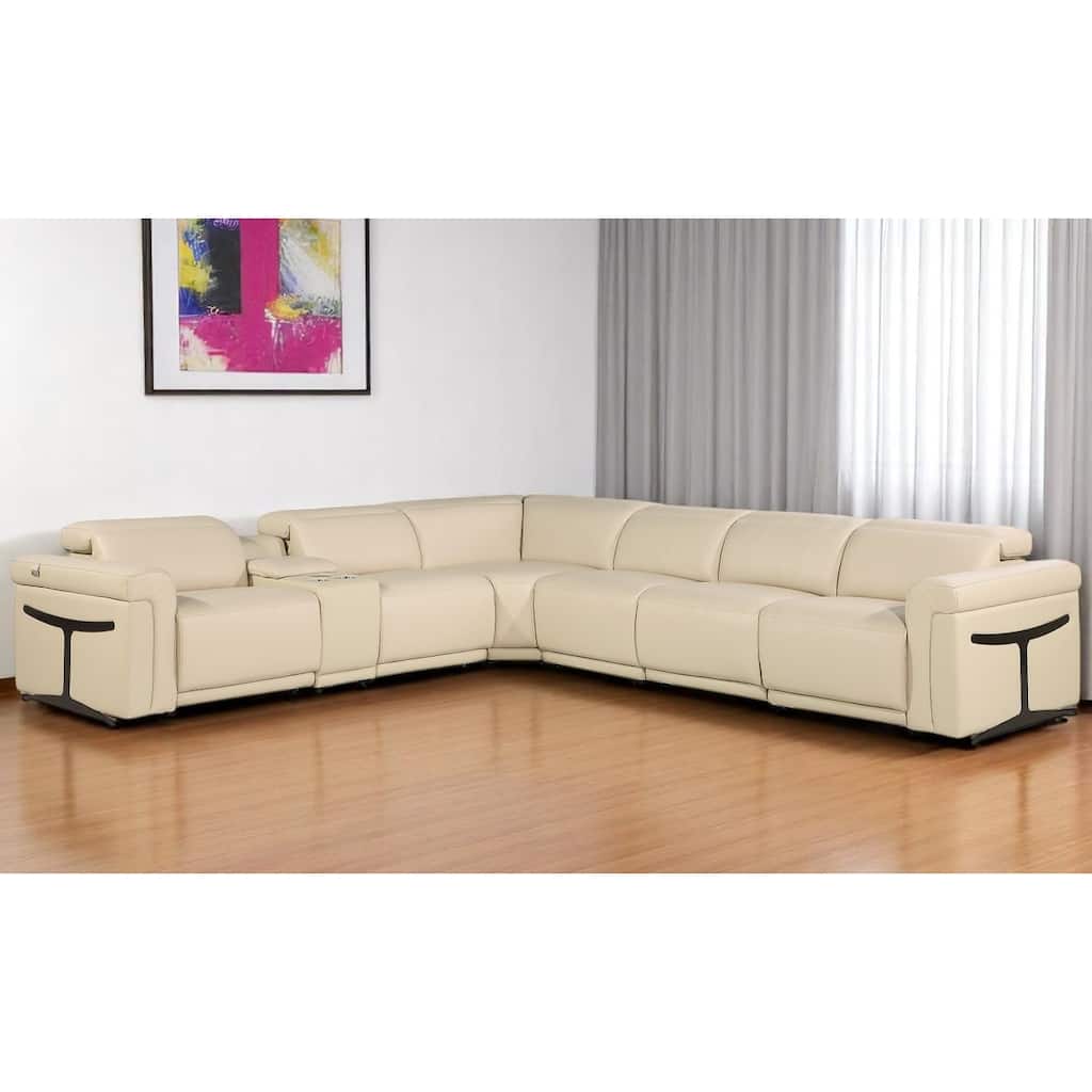 HomeRoots Beige Italian Leather Modular L Shaped Seven Piece Corner Sectional With Console