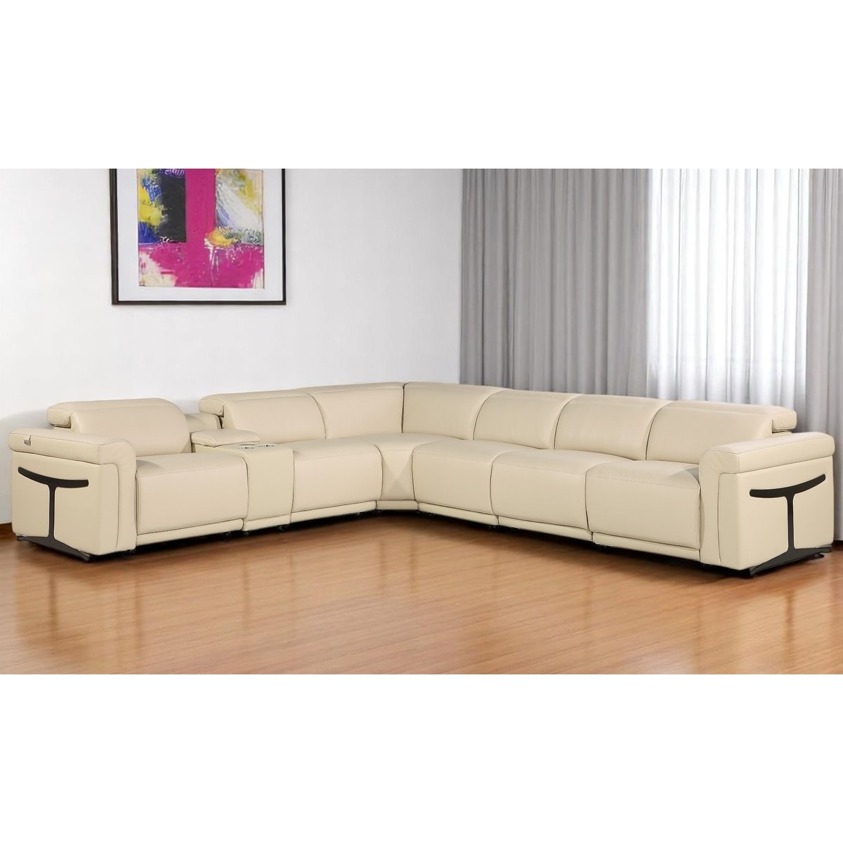 HomeRoots Beige Italian Leather Modular L Shaped Seven Piece Corner Sectional With Console