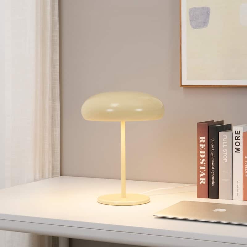Brightech Ayla LED Glossy Off-White Cream Ceramic Modern Industrial Round Dome Dimmable Bedside Nightstand Desk Lamp