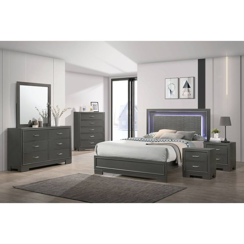 Furniture of America Lalt Modern 6-Piece Metallic Grey Wood Panel Bedroom Set with LED Light - Full