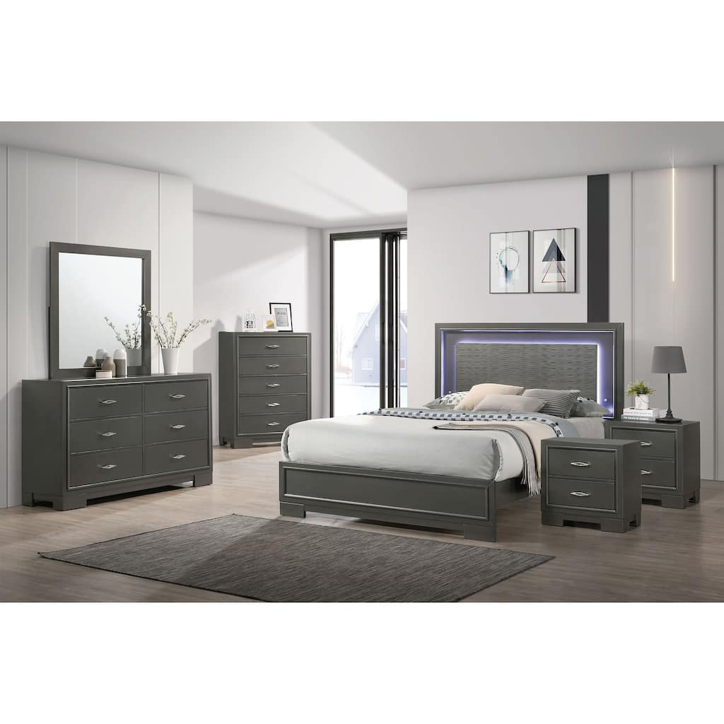 Furniture of America Lalt Modern 6-Piece Metallic Grey Wood Panel Bedroom Set with LED Light