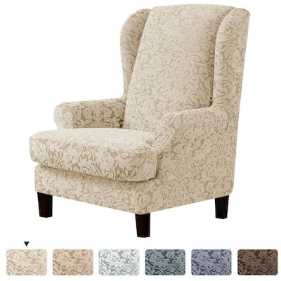 Subrtex Stretch Jacquard Damask 2-Pieces Wingback Armchair Cover