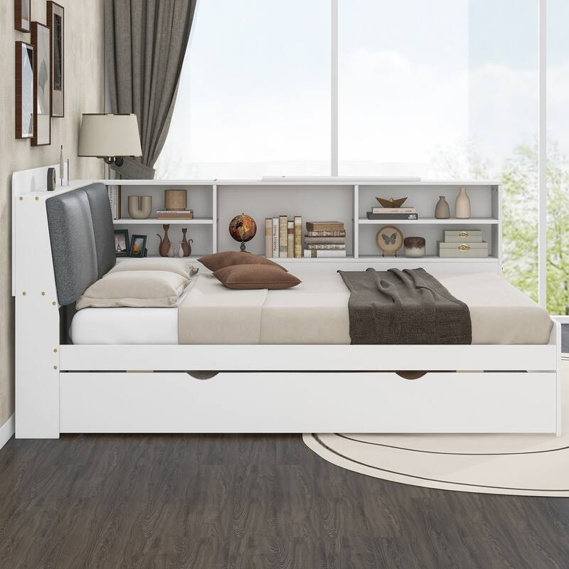 Full Size Wood Platform Bed with Trundle, Storage Headboard, Built-in Shelves, Upholstered Backrest, and Rotatable Board