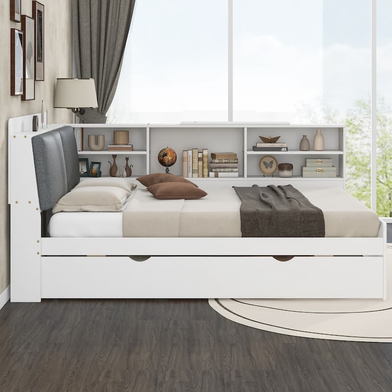Roomfitters Full Wood Platform Bed with Trundle, Storage Headboard and Functional Display Shelves