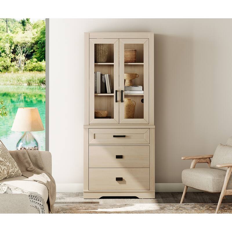 3 Tier Bookcase with Drawer,73.3" Tall Floor Standing Bookshelf - 31.5" - Beige