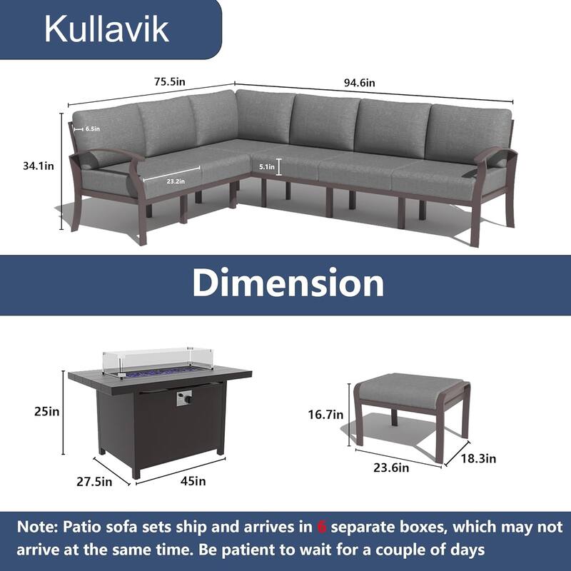 Kullavik Aluminum Corner Sofa Set, Patio Outdoor Sectional Sofa Set with Armrests and Footrests