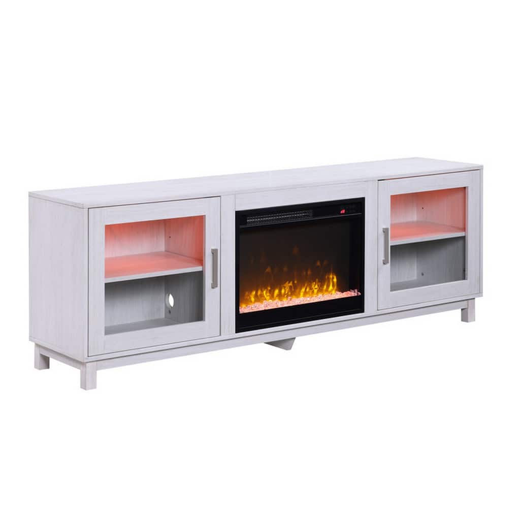 Samy 70 Inch TV Console LED Fireplace Heater, Glass Door, White, Silver