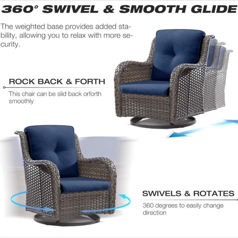 5-Piece Wicker Patio Set – Includes 2 Swivel Rocking Chairs, 2 Ottomans & 1 Side Table – Rattan Outdoor Sectional For Porch.