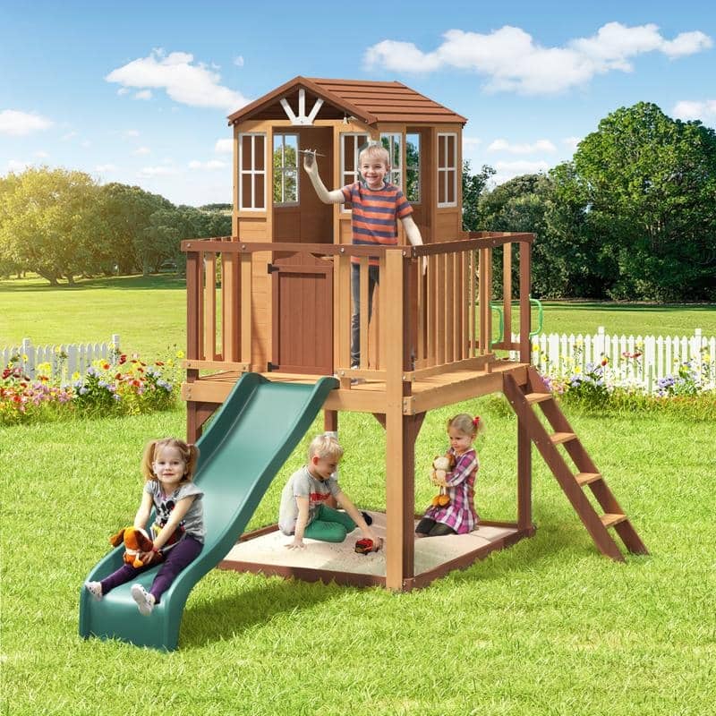 Outdoor Wooden Playhouse for Kids - Fir Tree House with Slide, Climbing Ladder & Play Kitchen