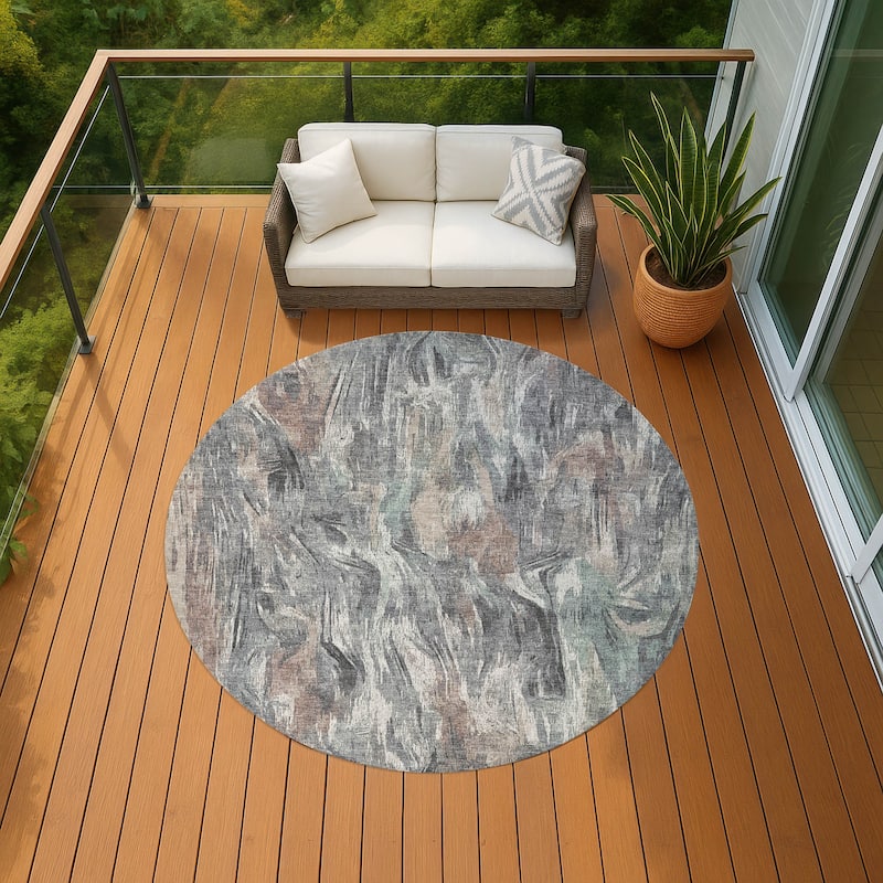 Machine Washable Indoor/ Outdoor Brushstrokes Modern Chantille Rug - Gray - 8' x 8'