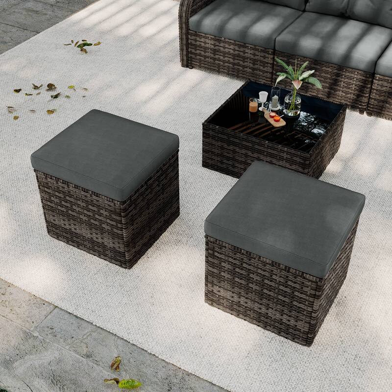 Outdoor Patio PE Wicker Ottoman with Cushion Set of 2