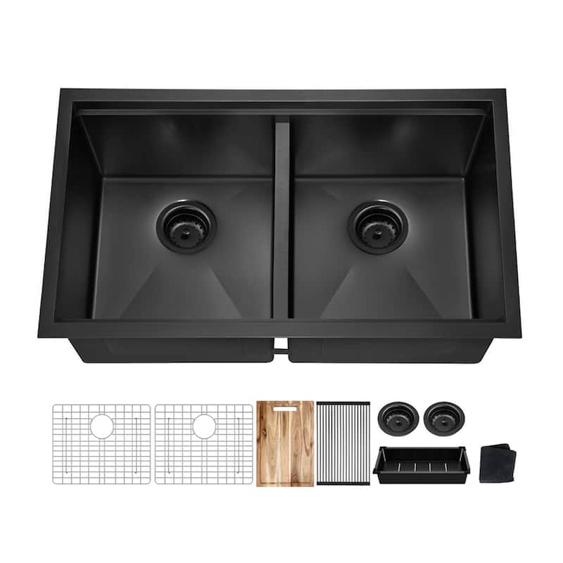 33 inch Upgrade Black Doubel Bowl Undermount Workstation Stainless Steel Sink, 18 Gauge Single Bowl Stainless Steel - Black