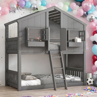 Modern Twin over Twin Bunk Bed With Roof ,Window,Window Box,Door,Guardrails And Ladder for Bedroom