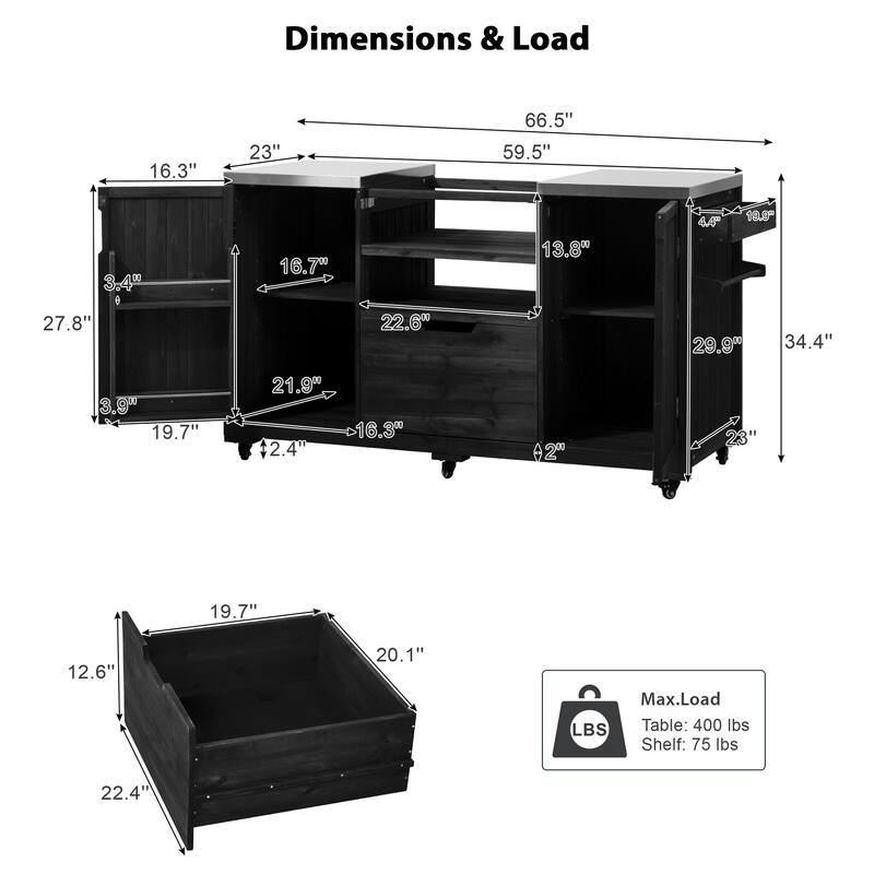 66.5" Outdoor Kitchen Island for Big Green Egg Grills,Solid Wood Outdoor Grill Cart for Tabletop Grill with Stainless Steel Top
