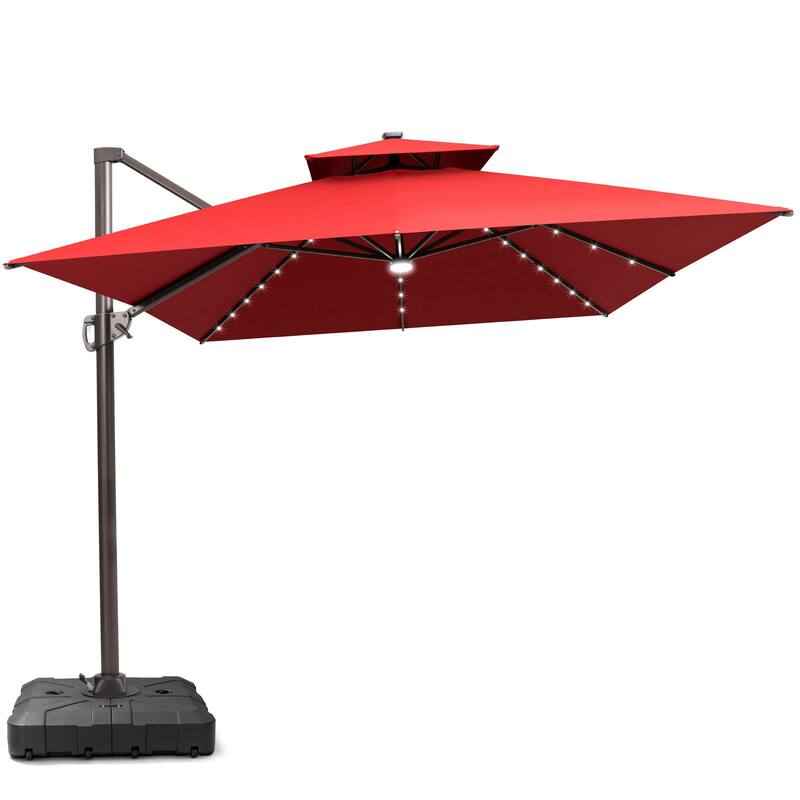13 FT x 10 FT Outdoor LED Lighted Double Vented Patio Cantilever Umbrella with Base - Red