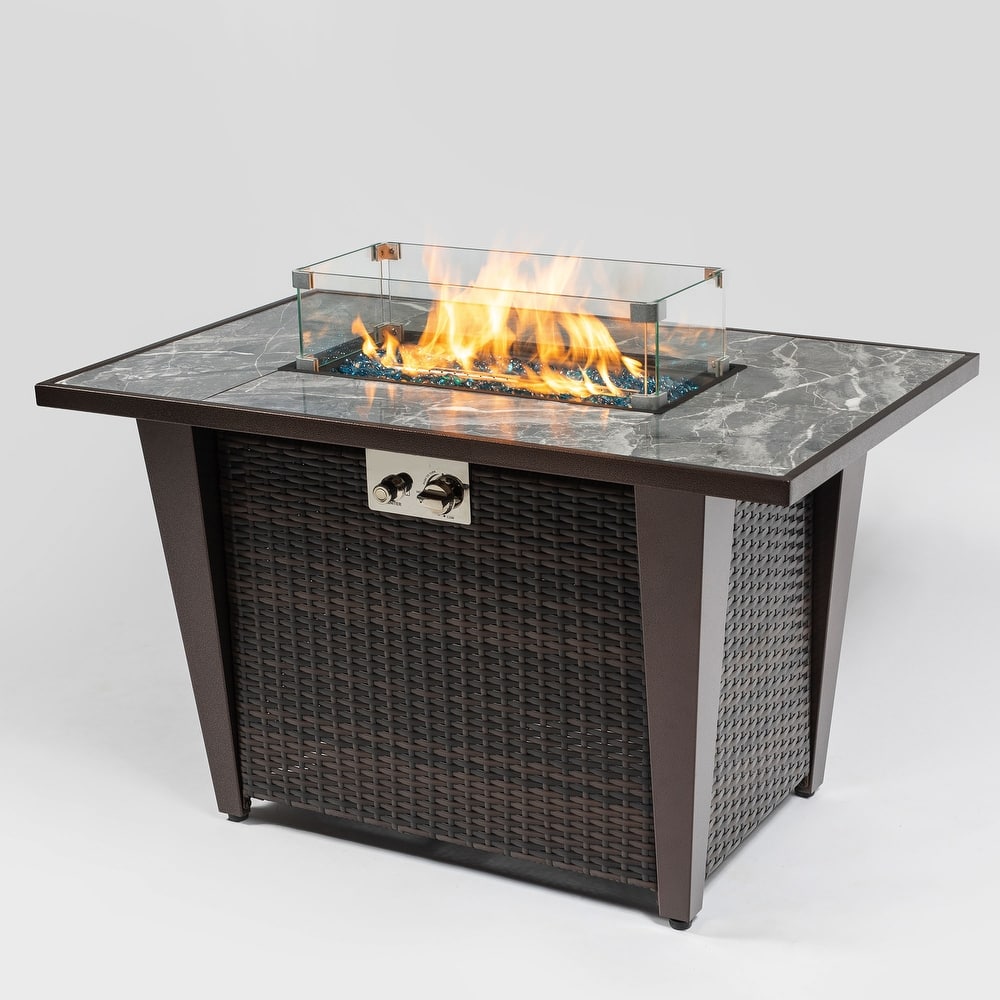 GDFStudio - Callahan 42" Steel Outdoor Fire Pit Table with Marble Tile Top, Glass Wind Guard & 50,000 BTU Flame