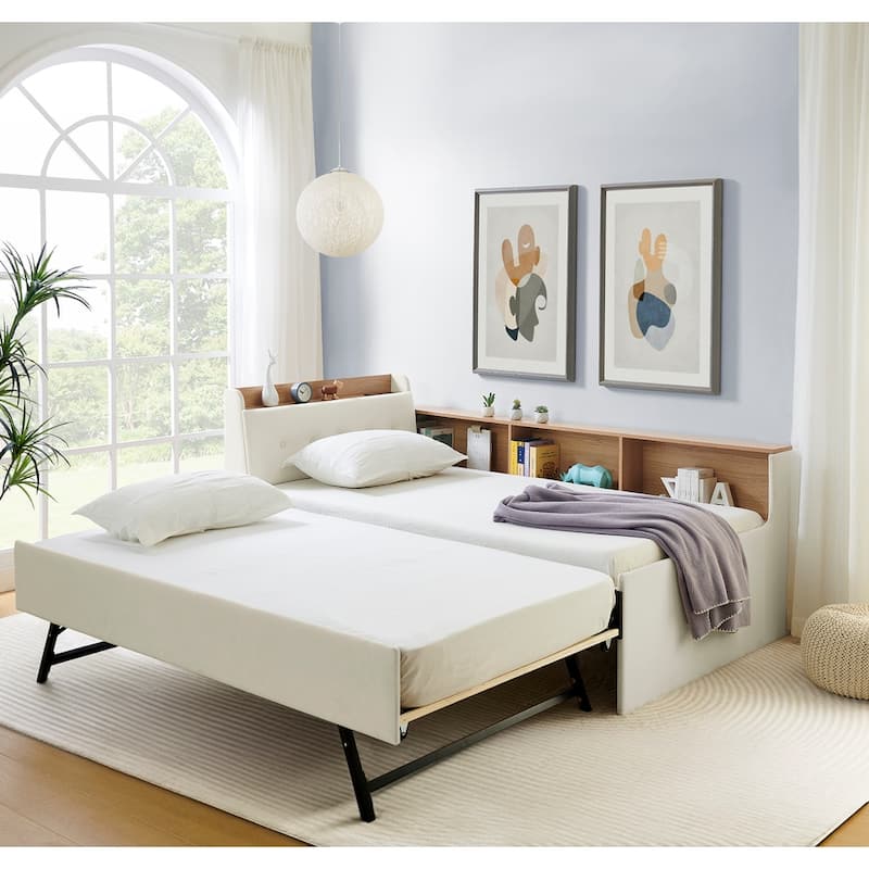 Twin Size Height Adjustable Day Bed with Headboard and Wireless Charging, Multi-functional Daybed with Trundle Bed & LED Lights