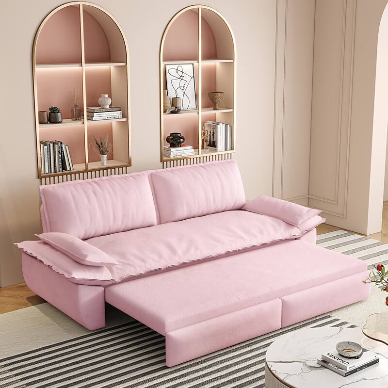 73.2" Queen Pull Out Sofa Bed, 3-in-1 Convertible Sleeper Sofa, Multi-Functional Velvet Loveseat Bed - Pink