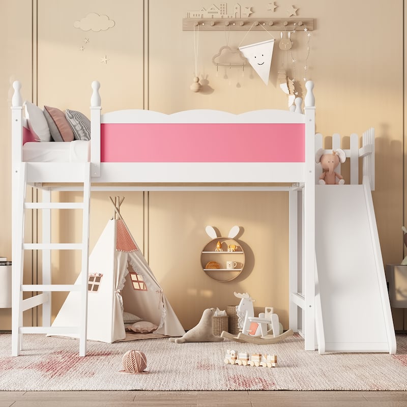 Full Loft Bed with Storage Shelves and Wardrobe, Solid Wood Loft Beds with Detachable Slide and Ladders, No Spring Box Needed
