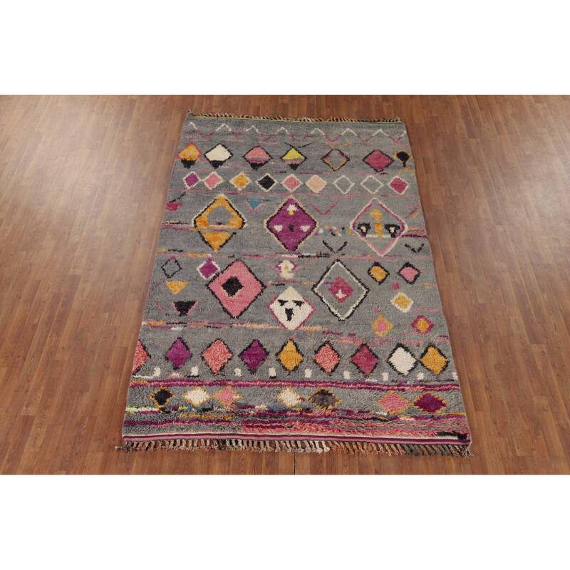 Grey Geometric Plush Moroccan Oriental Rug Hand-Knotted Wool Carpet - 6'1" x 9'5"