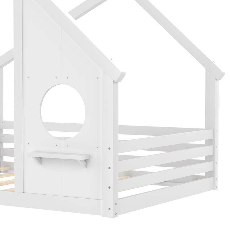 Wooden House Floor Bed, Modern Kids Montessori Playhouse Bed Frame with Window and Roof