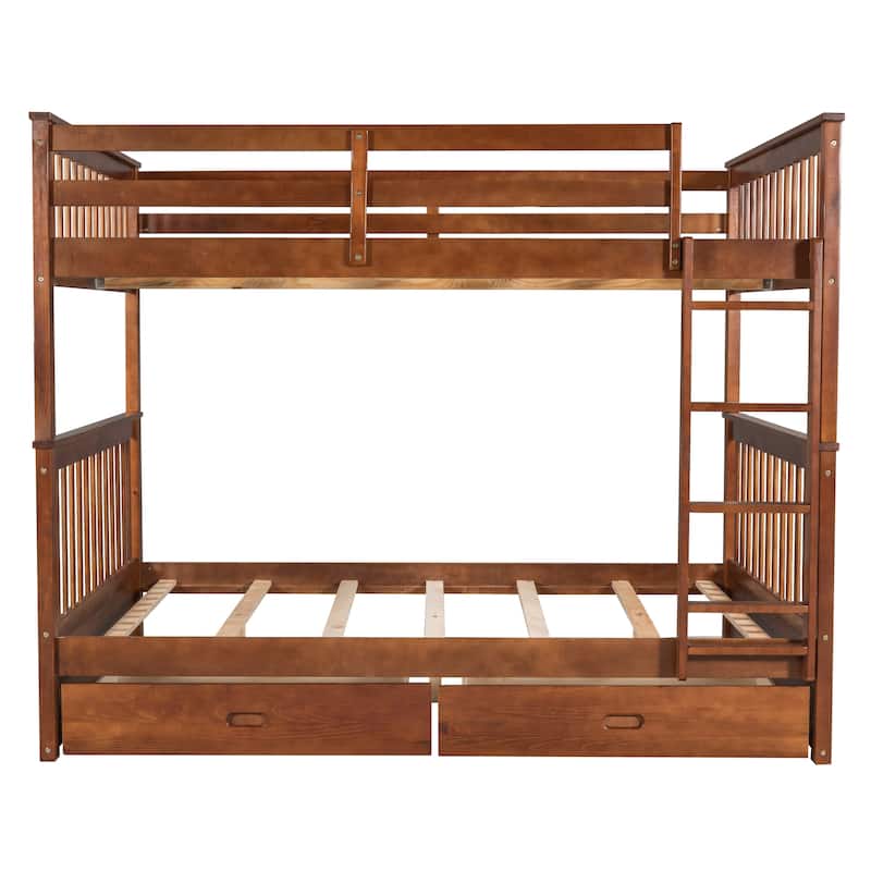 Full Size Wooden Detachable Bunk Bed, Divided Into 2 Individual Beds, Solid Pine Full over Full Bunk Bed Frame with 2 Drawers
