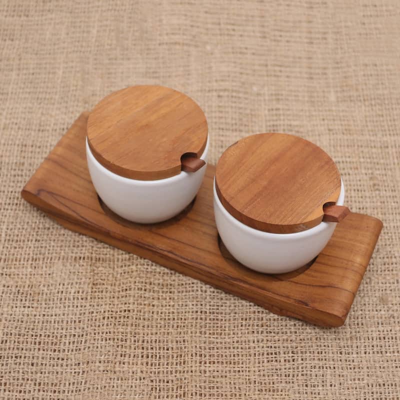 Novica Handmade Flavor Duo In White Ceramic And Teak Wood Condiment Set