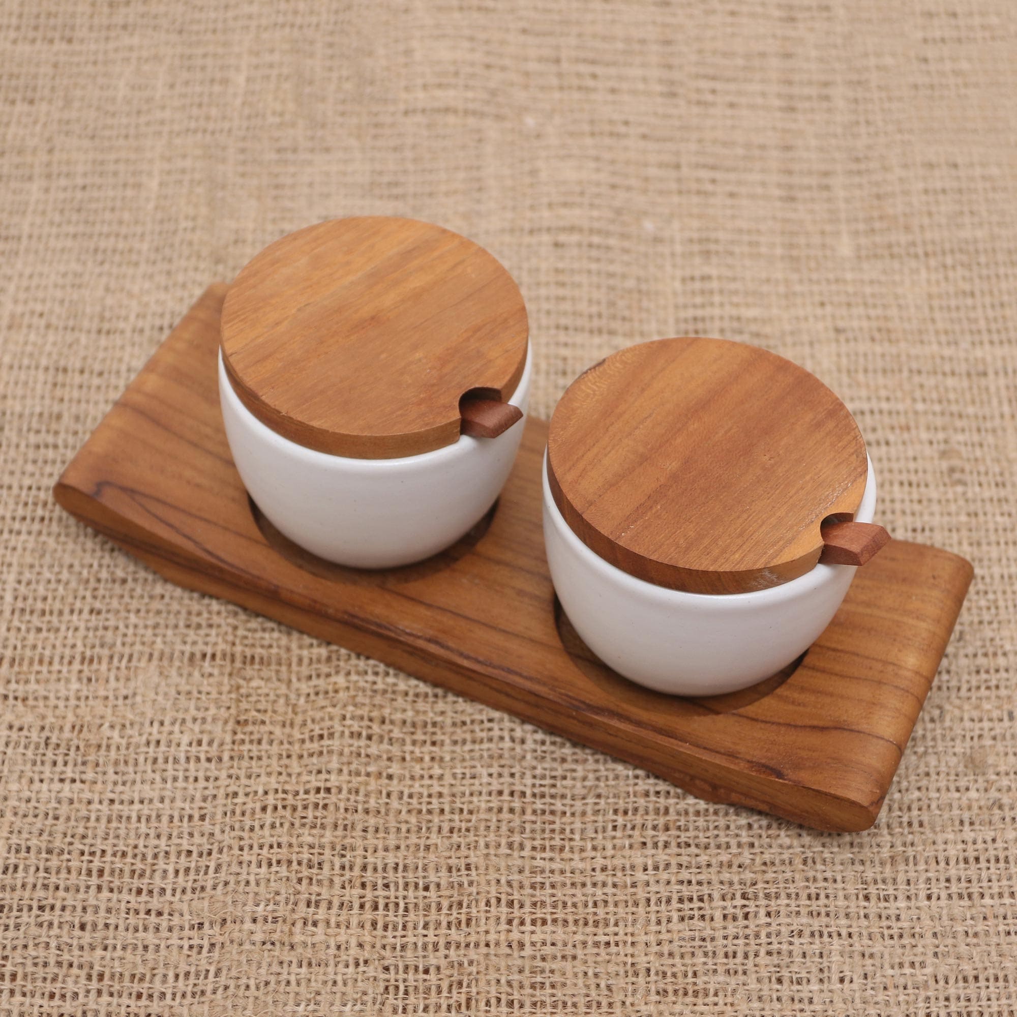 Novica Handmade Flavor Duo In White Ceramic And Teak Wood Condiment Set
