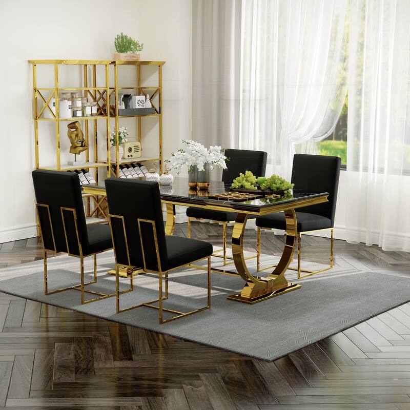 White and Gold Dining Room Table Set with 72 inch Table and White PU Leather Dining Chairs - Table with 4 Chairs - Black