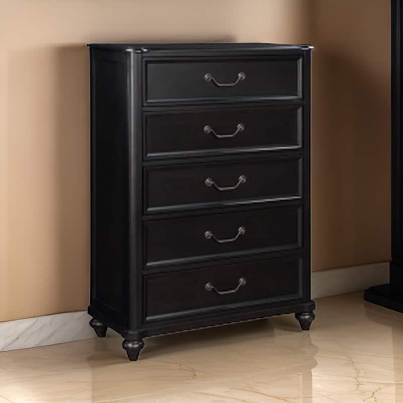 Vix 51 Inch Tall Dresser Chest, 5 Drawers, Pewter Drop Handles, Black