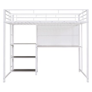 White Platform Bed w/ Desk&Whiteboard, Full Loft Bed w/ 3 Storage Shelves, Safety Guardrail & Ladder, Space-Saving, Noise Free
