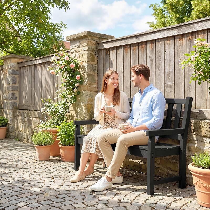 Outsunny Outdoor Bench, 49" All-Weather HDPE Garden Bench, 2-Person Patio Loveseat with 528 lbs Capacity - Black