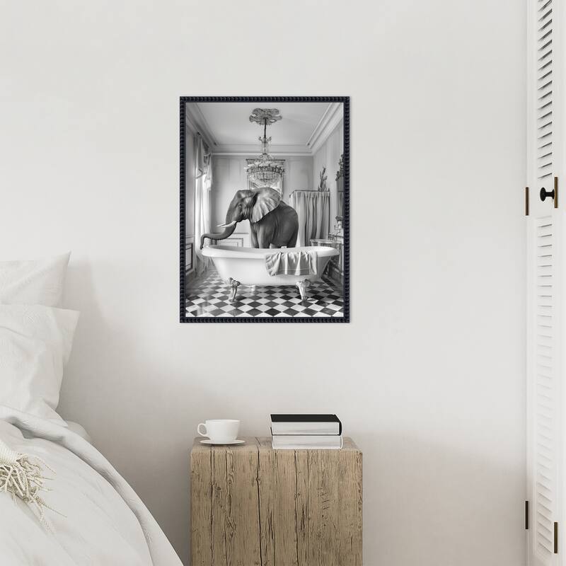 A Bathroom Occupied Elephant by Niky Rahner Framed Canvas Wall Art