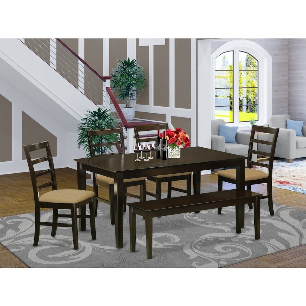 HomeStock 6-Piece Rectangle Cappuccino Finish Solid Wood Top Dining Table with 1 Bench, 4 Chairs
