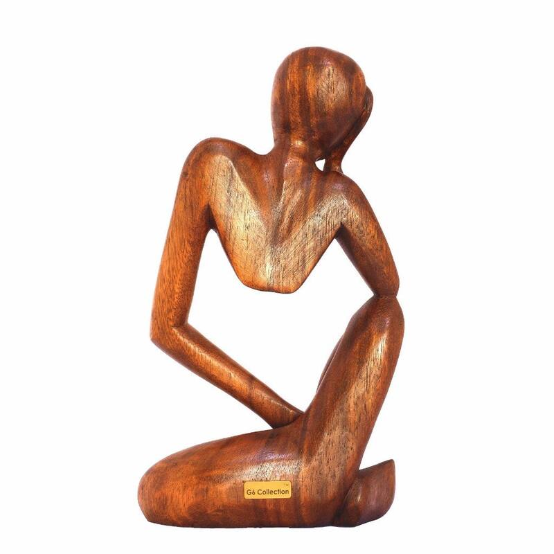 12" Wooden Handmade Abstract Sculpture Statue Handcrafted "Thinking Man" Gift Art Home Decor Figurine Decoration Hand Carved