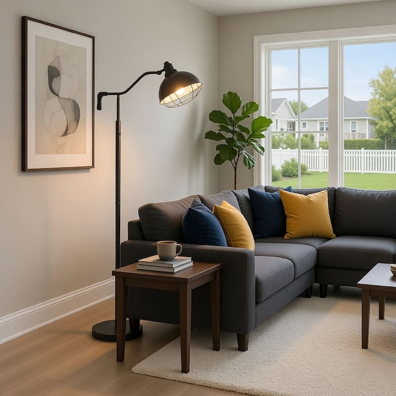 Loga 56 Inch Floor Lamp with Adjustable Cage Style Shade, Black Iron