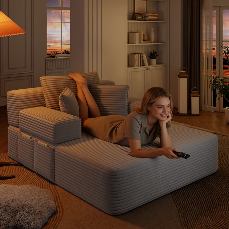 Luxurious Plush Corduroy Chaise Lounge Convertible Sofa Bed with Storage Pocket and Wide Armrests