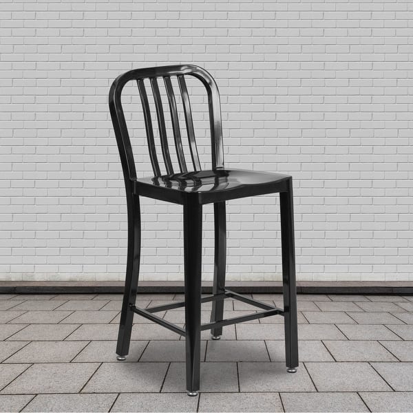 slide 2 of 118, 2 Pack 24'' High Metal Indoor-Outdoor Counter Height Stool w/ Vertical Slat Back Black