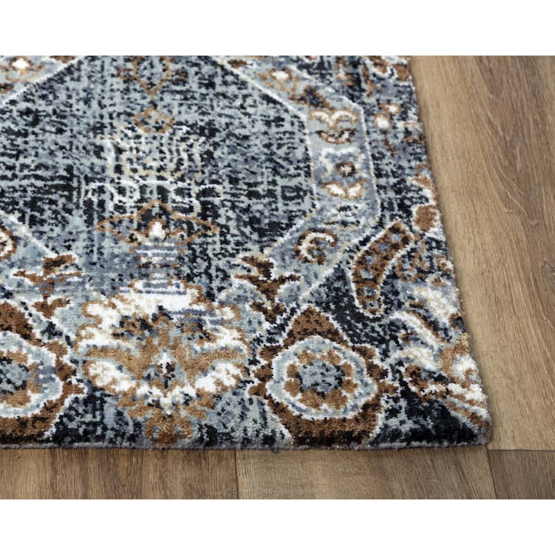 Alora Decor Elect Beige, Tan, Grey, Blue, and Ivory Hexagon Floral Rug