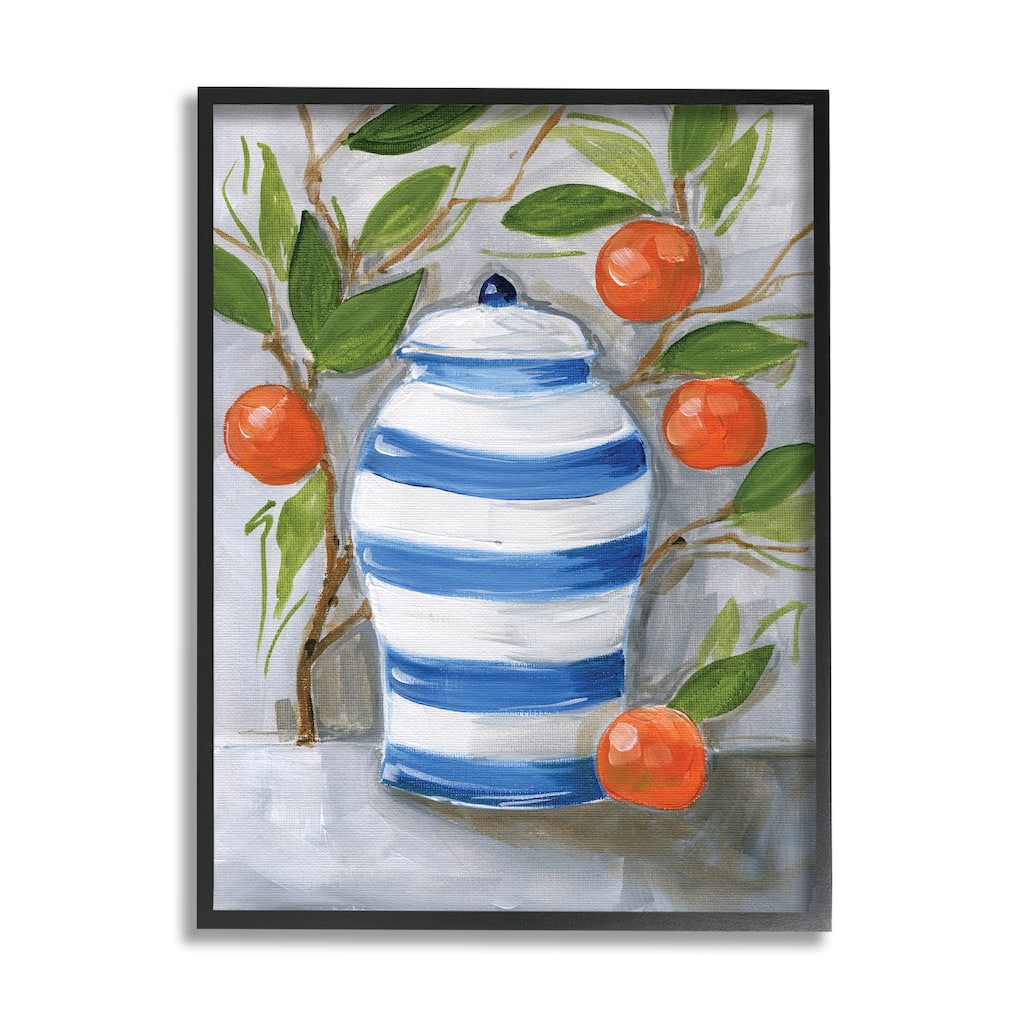 Stupell Tangerine Fruit Branches Striped Vase Still Life Painting Framed Wall Art