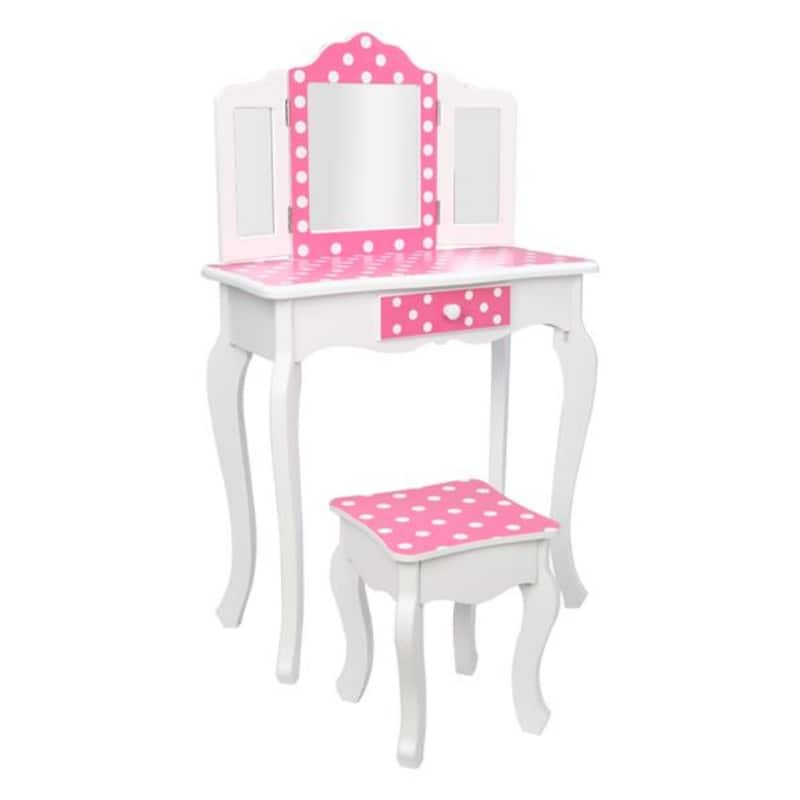 Three-Fold Mirror Single-Drawing Curved Foot Children Dressing Table Red Dots - 23.63 x 11.03 x 38.59