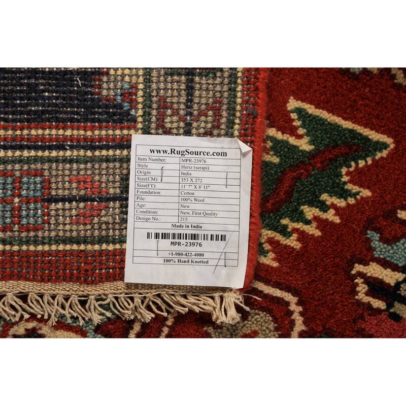 Geometric Heriz Serapi Indian Area Rug Hand-Knotted Wool Carpet - 8'11"x 11'7"