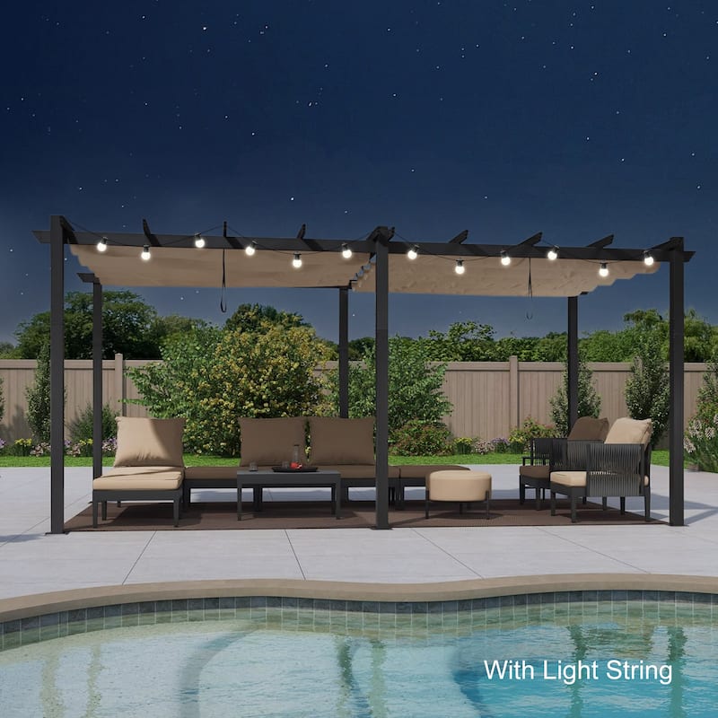 PURPLE LEAF Gazebo Outdoor Retractable Modern Large Size Pergola w Lights - 10ft x 18ft - Beige