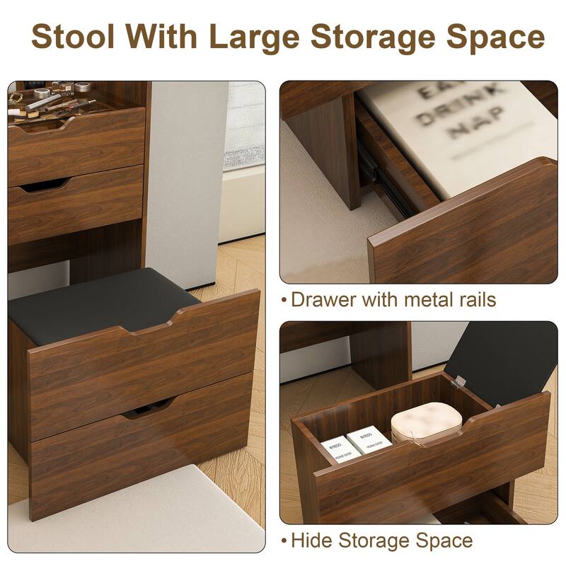 3-in-1 Flip Top Makeup Vanity with Lighted Mirror, Stool & Storage