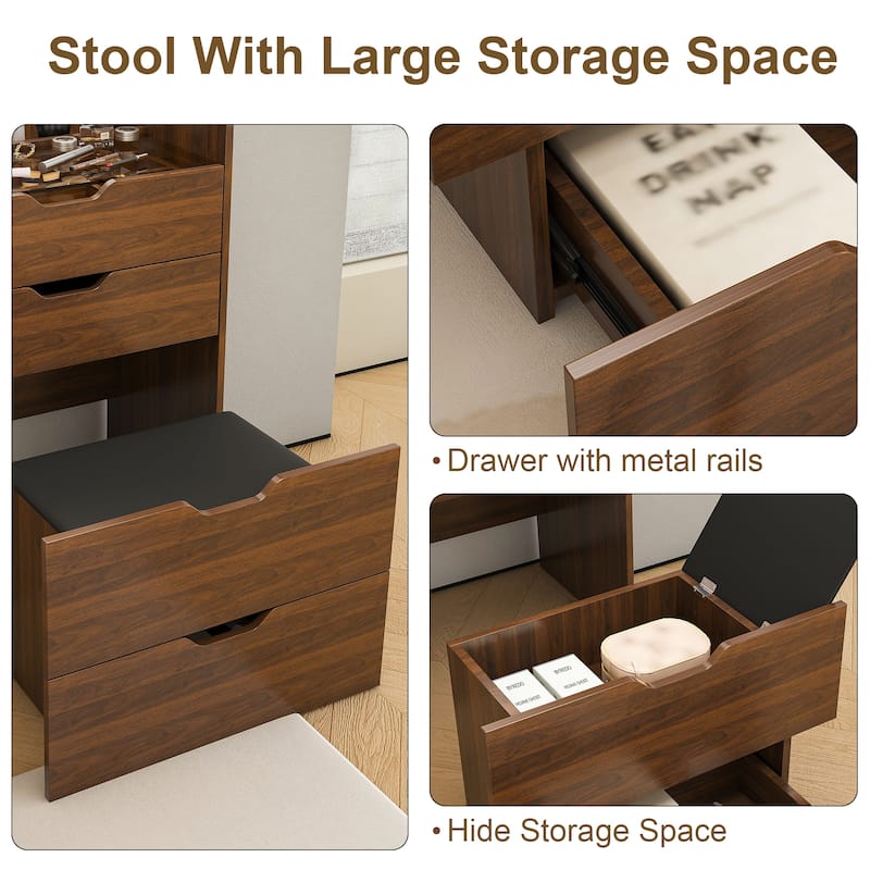 3-in-1 Vanity Desk with Lighted Mirror & Stool, Flip Top Makeup Dressing Table, Compact Storage for Bedroom, Bathroom