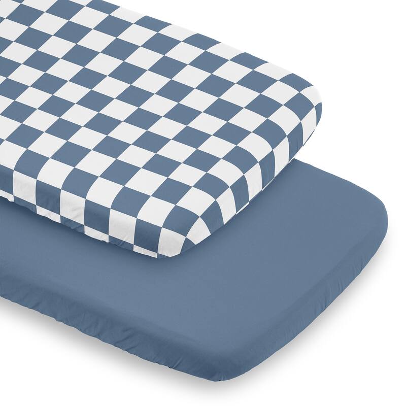 Sweet Jojo Designs Blue Gingham Checkered Plaid Boy 2 Pack Baby Bassinet Fitted Sheets - Solid Steel and Vintage Checkerboard